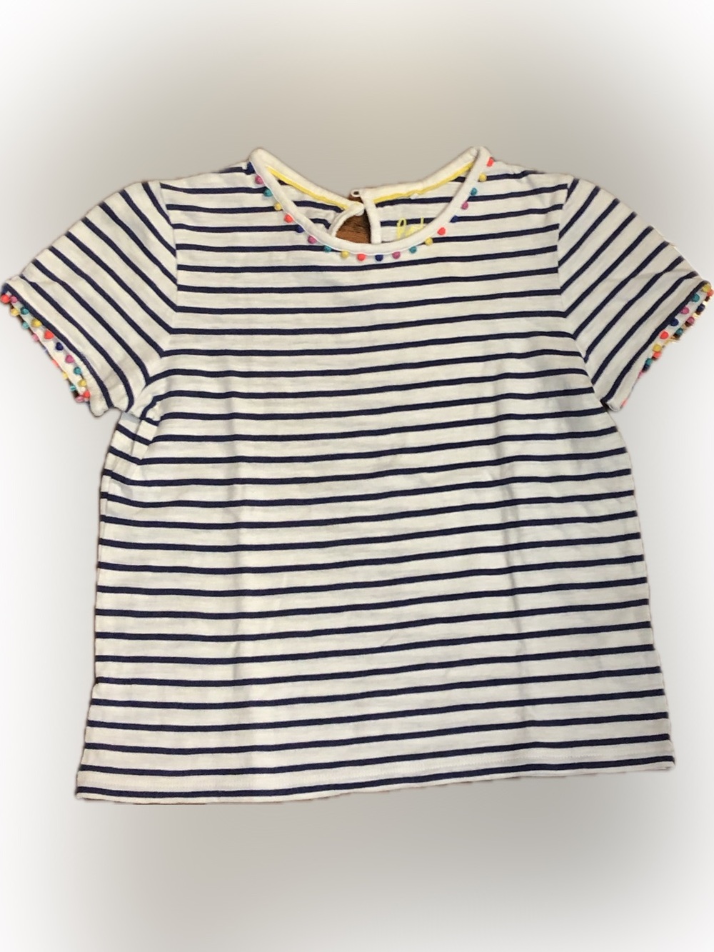 Boden Navy & White Striped Short-Sleeve Tee with Colorful Pom Trim